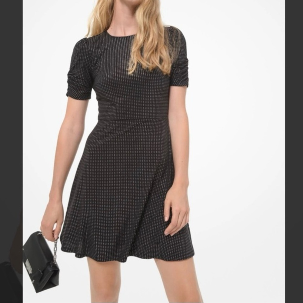 Michael Kors Studded Midi Dress Circle Skirt Crew Neck Petite cocktail noir